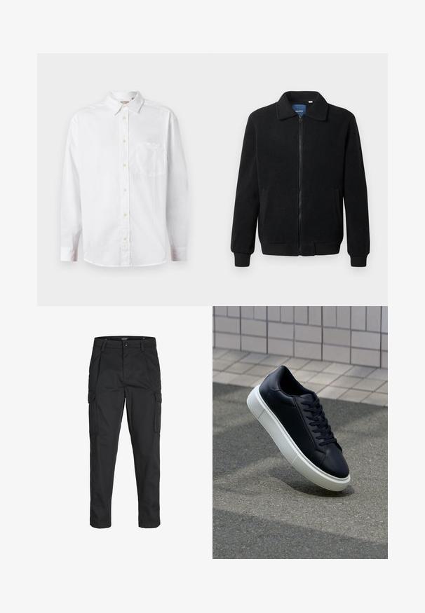 Fekete bolyhos dzseki cipzárral, állógallérral, bordázott mandzsettákkal és oldalzsebekkel, textúrált felülettel.; Fehér, hosszú ujjú, gombos ing, álló gallérral és mellzsebből, világos, egyszínű háttér előtt.; Fekete cargo nadrág, amely tartós anyagból készült, több zsebet tartalmaz, gombos záródással rendelkezik, és karcsú szabású, szűkített lábakkal bír.; Fekete bőr sportcipő lekerekített orral és fehér gumitalppal. Lapos fűzőkkel és minimális varrásokkal rendelkezik a felsőrészén. Mintás talp a tapadásért.