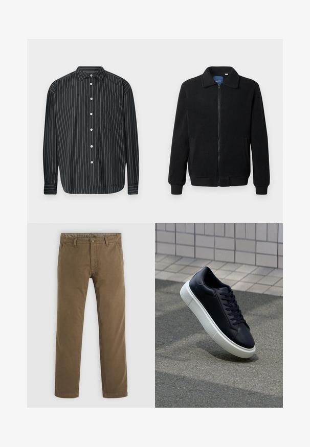 Crni flis jakna s zatvaranjem na zip, stojećim ovratnikom, rebrastim manžetama i bočnim džepovima s teksturiranom površinom.; Crna košulja dugih rukava s gumbima, s tankim bijelim vertikalnim prugama, jednim džepom na prsima, glatkom tkaninom i klasičnim dizajnom ovratnika.; Khačane pamučne hlače ravnog kroja, s zatvaranjem na dugme, dva prednja džepa i glatkom teksturom.; Crne kožne tenisice s zaobljenim vrhom i bijelim gumiranim potplatom. Imaju ravne vezice i minimalno šivanje na gornjem dijelu. Teksturirani potplat za bolje prianjanje.