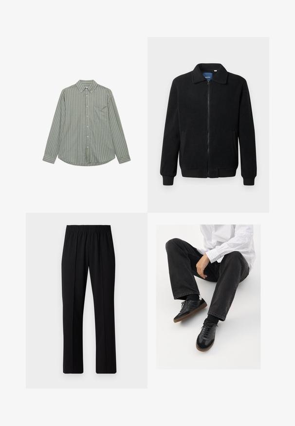 Melnā vilnas jaka ar rāvējslēdzēju, stāvošu apkakli, ribotām piedurknēm un sānu kabatām ar teksturētu virsmu.; Olīvzaļas garām piedurknēm pogājamās krekls ar vertikālām baltām svītrām, standarta apkakle un krūšu kabata kreisajā pusē.; Melni elastīgi bikses ar taisnas kājas dizainu, ar gludu tekstūru un bez redzamām zīmēm vai detaļām.; Melnas sporta kurpes ar gludu un teksturētu virsu, apgādātas ar gumijas zoli un tumšiem auklām. Saskaņotas ar melniem džinsiem un baltu svītrainu krekls.