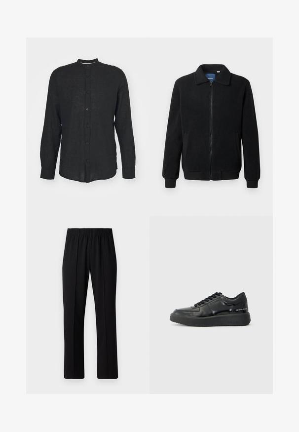 Schwarze Fleecejacke mit Reißverschluss, Stehkragen, gerippten Bündchen und seitlichen Taschen mit strukturiertem Oberflächenmaterial.; Only & Sons ONSCAIDEN MAO - Hemd - schwarz; Schwarze, Gummibund-Hosen mit geradem Schnitt, die eine glatte Textur aufweisen und keine sichtbaren Muster oder Beschläge haben.; Schwarze LederSneaker mit glatter Oberfläche, runder Zehenform und kontrastierender schwarzer Gummisohle. Mit flachen Schnürsenkeln und Branding an der Seite.
