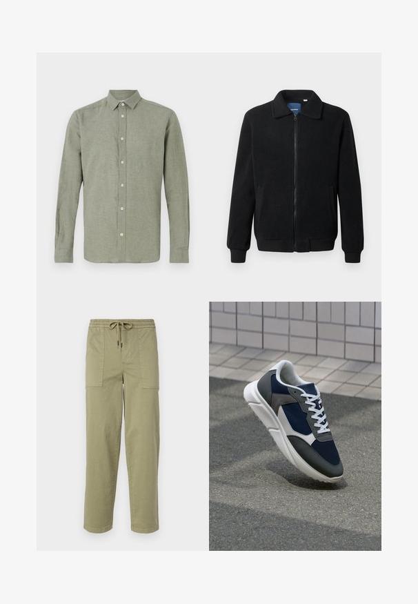 Giacca in pile nera con chiusura zip, colletto alto, polsini a coste e tasche laterali con superficie strutturata.; Camicia a maniche lunghe con colletto di colore verde chiaro, realizzata in tessuto testurizzato, con chiusura completa a bottoni e orlo dritto.; Pantaloni verde oliva chiaro realizzati in tessuto misto cotone, con una vita elasticizzata e cordoncino, e due ampie tasche laterali.; Sneaker con tomaia in rete blu navy, inserti in suede grigio, suola in gomma bianca e lacci bianchi piatti, progettata per comfort e traspirabilità.