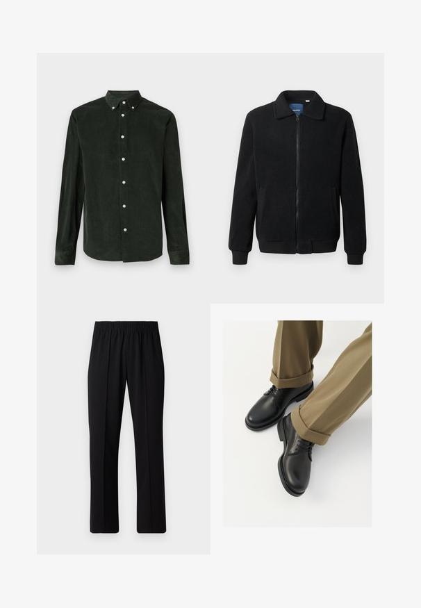 Musta fleece-takki, jossa on vetoketjulla suljettavat, pystykaulus, ribbireunat ja sivutaskut, joissa on teksturoitu pinta.; Tummanvihreä viittakomero pitkähihaisella napituksella, jossa on napitettavat kaulukset valkoisella taustalla.; Mustat, joustavat vyötäröhousut suoralla lahkeella, joissa on sileä pinta ilman näkyviä kuvioita tai metalliosia.; Musta nahkakengät, joissa on sileä pinta, kengännauhat ja pyöreä kärki, yhdistettynä ylös käärittyihin khaki-housuihin.