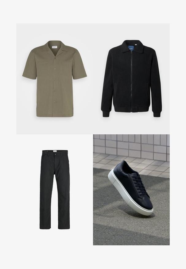 Czarna polarowa kurtka z zamkiem błyskawicznym, stójką, ściągaczami przy mankietach oraz bocznymi kieszeniami o teksturowanej powierzchni.; Koszula z krótkim rękawem w oliwkowym kolorze, z fakturowanej tkaniny, z zapięciem na guziki, z kołnierzykiem w szpic i dwoma przednimi kieszeniami.; Czarne spodnie wykonane z trwałego materiału, z prostym krojem nóg, przeszyciami i dwiema przednimi kieszeniami dla funkcjonalności.; Czarne skórzane sneakersy z okrągłym noskiem i białą gumową podeszwą. Posiadają płaskie sznurowadła i minimalne przeszycia na cholewce. Teksturowana podeszwa zapewnia przyczepność.