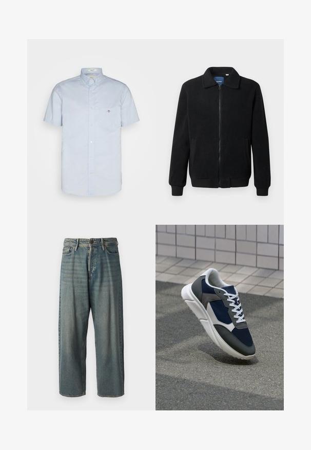 Crni flis jakna s zatvaranjem na zip, stojećim ovratnikom, rebrastim manžetama i bočnim džepovima s teksturiranom površinom.; Svijetloplava košulja kratkih rukava s ovratnikom na dugme, koja ima lijevi džep na prsima i mali detalj s logotipom. Izrađena od glatkog materijala.; Svijetloplave traperice s širokim krojem, srednjim pojasom i ravnim nogavicama. Ima pet džepova, petlje za remen i kopčanje na gumb.; Tenisice s gornjim dijelom od mrežastog materijala tamnoplave boje, siva antilopova naglašavanja, bijela gumena potplat i ravne bijele vezice, dizajnirane za udobnost i prozračnost.