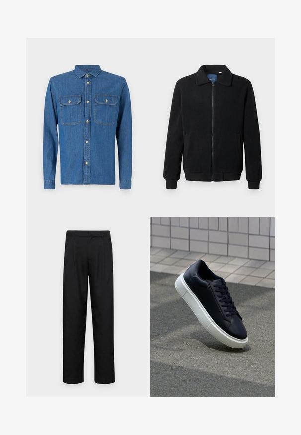 Giacca in pile nera con chiusura zip, colletto alto, polsini a coste e tasche laterali con superficie strutturata.; Camicia in denim blu scuro, maniche lunghe con polsini abbottonati, colletto a punta, due tasche anteriori e chiusura frontale con bottoni in ottone.; Pantaloni neri realizzati in tessuto liscio, caratterizzati da un taglio dritto, due pieghe frontali e una vita standard con passanti per la cintura.; Sneaker in pelle nera con punta arrotondata e suola in gomma bianca. Presenta lacci piatti e cuciture minime sulla parte superiore. Suola testurizzata per una migliore aderenza.