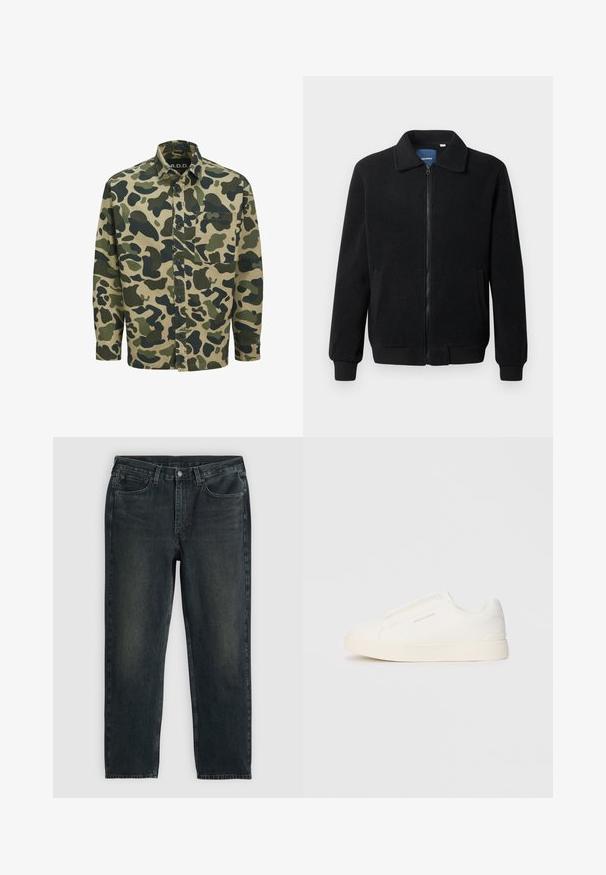 Crni flis jakna s zatvaranjem na zip, stojećim ovratnikom, rebrastim manžetama i bočnim džepovima s teksturiranom površinom.; Camo majica s bež osnovom, zelenim i tamnozelenim apstraktnim oblicima, dugim rukavima, kopčanjem sprijeda na dugmad i džepom na prsima.; Tamno plavi traperice s ravnim krojem, koje imaju pet džepova, rajsferšlus i kontrastne šavove. Diskretno izbljeđivanje na tkanini.; Bijele slip-on tenisice s teksturiranom površinom, debelim đonom i minimalističkim dizajnom. Sadrže logo branda sa strane.