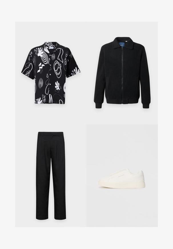 Svart fleece jakke med glidelås, høy krage, ribbestrikkede mansjetter og sidelommer med strukturert overflate.; Kortermet skjorte i svart stoff med dristige hvite abstrakte mønstre, knappelukking foran og avslappet passform. Egnet for hverdagsbruk.; Sorte bukser laget av glatt stoff, med rette ben, to frontfoldninger og standard liv med beltehemper.; Hvite slip-on joggesko med teksturert overflate, tykk såle og minimalistisk design. Har merkevarelogo på siden.