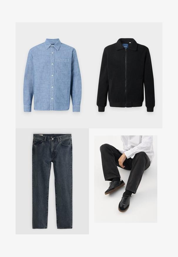 Crni flis jakna s zatvaranjem na zip, stojećim ovratnikom, rebrastim manžetama i bočnim džepovima s teksturiranom površinom.; Svijetloplava, long-sleeve košulja s dugim rukavima napravljena od teksturirane tkanine. Ima ovratnik, prednju džep i kopčanje s gumbima sprijeda.; Tamno plave traperice s ravnim nogavicama, pet džepova i zatvaranjem na dugme. Tkanina pokazuje suptilno blijeđenje i teksturu.; Crne tenisice s glatkim i teksturiranim gornjim dijelom, koje imaju gumeni potplat i tamne vezice. Uparene s crnim trapericama i bijelom košuljom s prugama.