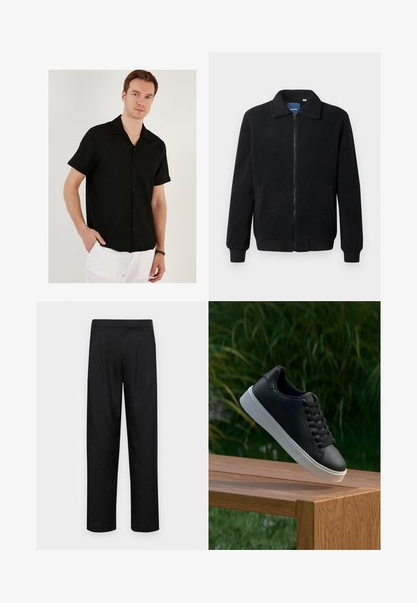Fekete bolyhos dzseki cipzárral, állógallérral, bordázott mandzsettákkal és oldalzsebekkel, textúrált felülettel.; Rövid ujjú fekete gombos ing bordázott textúrával, hegyes gallérral és egyenes szegéllyel. Fehér nadrággal viselve, amely laza fazonú.; Fekete nadrág sima anyagból, egyenes szárú fazonnal, két elülső redővel és közönséges derékkal, övhurkokkal.; Fekete bőr sportcipő sima textúrával, fehér gumitalppal és hat lukkal a fűzőknek, amely egy fa felületen van bemutatva.