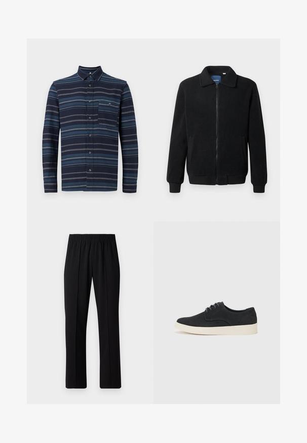 Musternahk fleece-jakk musternahaga, tõmblukk, seisev kaelus, soonikkoes varrukad ja küljetaskud tekstuurse pinnaga.; Pikkade varrukatega nööpide jaotusega särk, millel on tumesinine taust ja erinevad sinised horisontaalsed triibud, krae ja rinnatasku. Pehme kangast tekstuur.; Mustad, elastse puusärgid sirge säärega, mis on sileda tekstuuriga ja ilma nähtavate mustrite või riistadega.; Must musta lakkidega kingad, ümarate varvastega, kerge kreemivärvi tallaga ning peene sinise õmblusega pealispinnal.