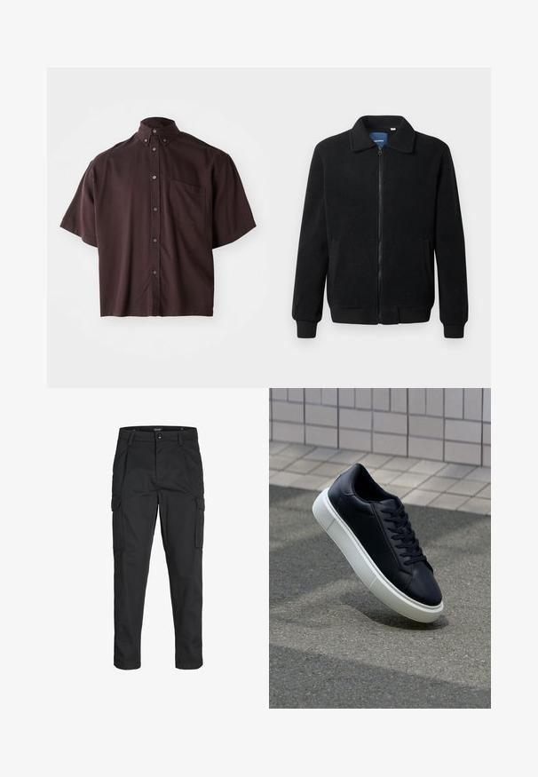 Melnā vilnas jaka ar rāvējslēdzēju, stāvošu apkakli, ribotām piedurknēm un sānu kabatām ar teksturētu virsmu.; Īsām piedurknēm, krekls ar apkakli tumši bordo krāsā. Izmanto pogas pa priekšpusi un vienu krūšu kabatu. Gluda auduma, brīva piegriezuma.; Melnas kravas bikses, izgatavotas no izturīga auduma, ar vairākiem kabatām, pogu aizdari un šaura piegriezuma dizainu ar sašaurinātiem kāju apakšiem.; Melnas ādas kedas ar noapaļotu pirkstu un baltu gumijas zoli. Iespējas - plakanas šņorītes un minimāla apdare augšdaļā. Struktūrēta zole, lai nodrošinātu saķeri.