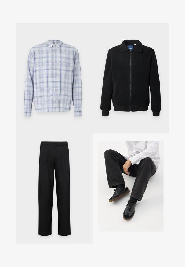 Black fleece jacket featuring a zip closure, stand collar, ribbed cuffs, and side pockets with a textured surface.; Long-sleeve button-up shirt in light blue and white checkered pattern. Features a classic collar and soft, textured fabric.; Black trousers made of smooth fabric, featuring a straight-leg design, two front pleats, and standard waistband with belt loops.; Black sneakers with a smooth and textured upper, featuring a rubber sole and dark laces. Paired with black jeans and a white striped shirt.