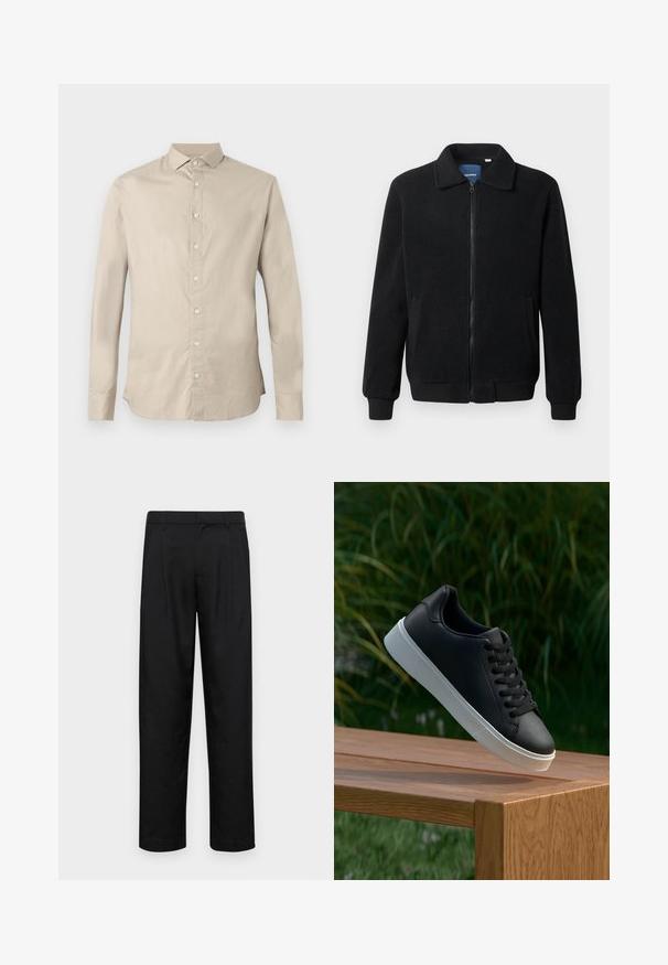 Crni flis jakna s zatvaranjem na zip, stojećim ovratnikom, rebrastim manžetama i bočnim džepovima s teksturiranom površinom.; Bežna košulja dugih rukava s dugim kragnom, šest gumba sprijeda i prilagođenim krojem.; Crne hlače od glatkog materijala, s dizajnom ravnih nogavica, dva prednja nabora i standardnim pojasom s petljama za remen.; Crne kožne tenisice s glatkom teksturom, bijelim gumeni potplat i šest rupica za vezice, izložene na drvenoj površini.