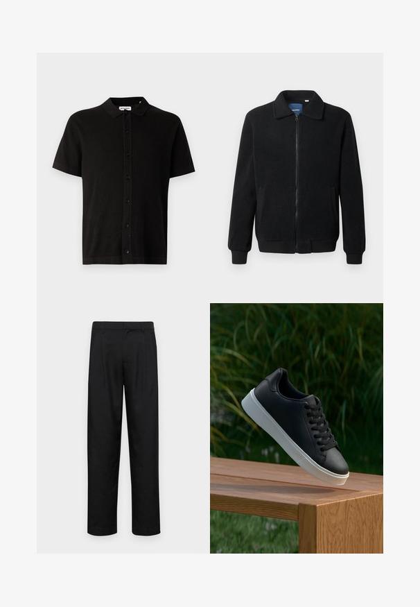 Veste en polaire noire avec fermeture éclair, col montant, poignets côtelés et poches latérales avec une surface texturée.; Chemise en tricot noir à manches courtes avec col, fermeture à boutons à l'avant, et un motif texturé subtil. Design classique avec une coupe décontractée.; Pantalons noirs en tissu lisse, avec une coupe droite, deux plis avant et une taille standard avec passants de ceinture.; Baskets en cuir noir avec une texture lisse, semelle en caoutchouc blanc, et six œillets pour les lacets, disposées sur une surface en bois.