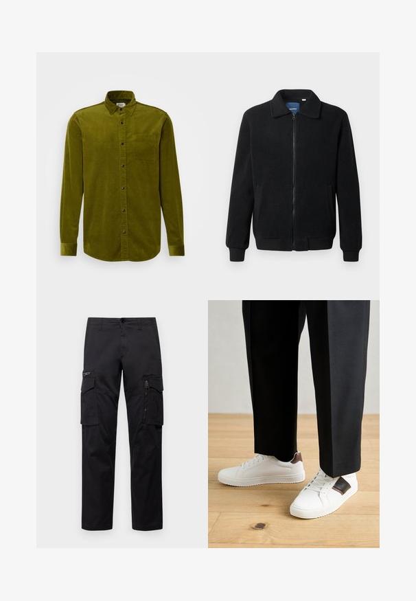Melnā vilnas jaka ar rāvējslēdzēju, stāvošu apkakli, ribotām piedurknēm un sānu kabatām ar teksturētu virsmu.; Zaļš kordūrēts krekls ar garām piedurknēm, pogu lejas daļu, un vienu krūškabatu. Iezīmē vertikālu ribu tekstūru un melnas pogas.; Melnas cargo bikses ar vairākiem kabatām, ar rāvējslēdzēju kabatu uz augšstilba, taisnu piegriezumu un izturīgu kokvilnas audumu ar vieglu spīdumu.; Baltā pārsoļa apavi ar gludu tekstūru, papildināti ar brūniem ādas akcentiem un melniem elementiem, savienoti ar melnām pielāgotām biksēm. Koka grīdas fons.