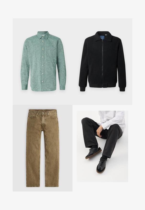 Veste en polaire noire avec fermeture éclair, col montant, poignets côtelés et poches latérales avec une surface texturée.; GAP STANDARD - Chemise - rain forest; Jean en denim marron clair avec une coupe droite, style cinq poches et finitions en métal couleur cuivrée. Tissu texturé avec des détails de couture visibles.; Sneakers noirs avec un dessus lisse et texturé, dotés d'une semelle en caoutchouc et de lacets sombres. Associés à un jean noir et une chemise blanche à rayures.