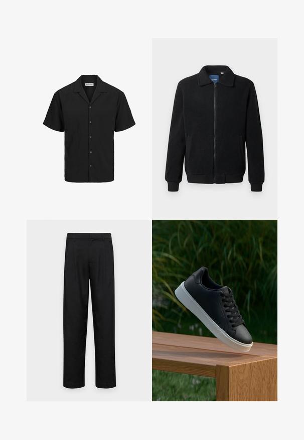 Jachetă din fleece neagră, cu închidere prin fermoar, guler înalt, manșete ribbate și buzunare laterale cu o suprafață texturată.; Cămașă cu mânecă scurtă, cu nasturi, de culoare neagră, dintr-un material texturat, cu guler tip camp și cinci nasturi asortați pe față.; Pantaloni negri dintr-un material neted, cu un design drept, două pliuri frontale și un tiv standard cu bucle pentru curea.; Adidași din piele neagră cu o textură netedă, talpă din cauciuc alb și șase orificii pentru șireturi, expuși pe o suprafață din lemn.