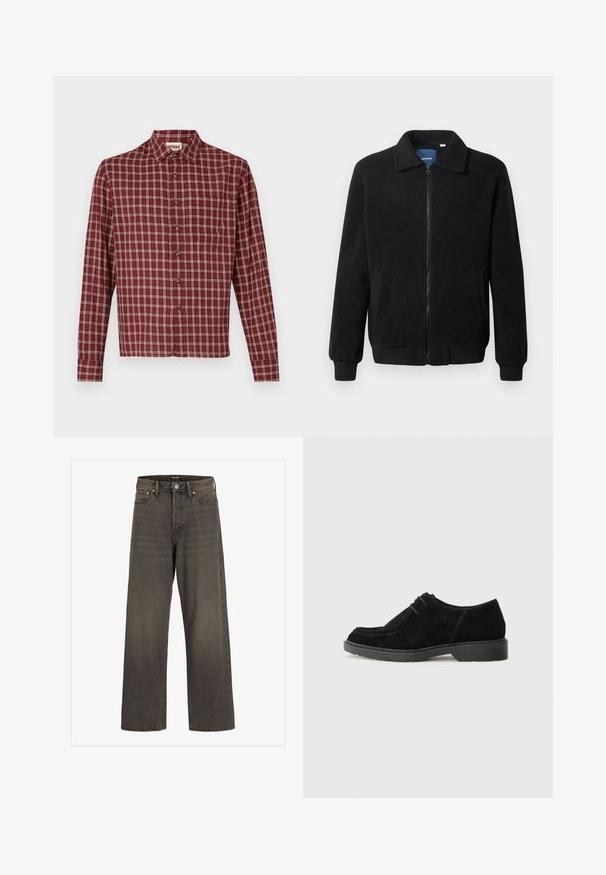 Veste en polaire noire avec fermeture éclair, col montant, poignets côtelés et poches latérales avec une surface texturée.; Chemise à manches longues à carreaux rouges avec un col pointu, fermeture à boutons et une poche poitrine. Le matériau semble doux avec une légère texture.; Jean large en denim gris foncé, avec une taille haute, un design classique à cinq poches et des coutures contrastantes le long des coutures.; Chaussure habillée en suède noir avec un bout arrondi, des coutures contrastées et une semelle en caoutchouc. Présente un laçage minimal et un design supérieur lisse.