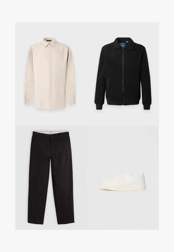 Musta fleece-takki, jossa on vetoketjulla suljettavat, pystykaulus, ribbireunat ja sivutaskut, joissa on teksturoitu pinta.; Vaaleanbeige pitkähihaisessa paidassa on nappikaulus, pystyraitoja, suoralinjainen leikkaus ja yksinappiset hihansuut.; Mustat suorat chinosit vyölenkeillä, nappisuljettuna ja sivutaskuilla, esillä vaaleanharmaalla taustalla.; Valkoiset liukusukat, joissa on teksturoitu pinta, paksu pohja ja minimalistikot. Sivulla on brändin logo.