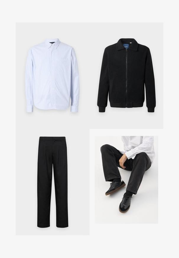 Svart fleece jakke med glidelås, høy krage, ribbestrikkede mansjetter og sidelommer med strukturert overflate.; Knappskjorte i lyseblå og hvite vertikale striper. Har krage, lange ermer og en brystlomme. Laget av vevd stoff.; Sorte bukser laget av glatt stoff, med rette ben, to frontfoldninger og standard liv med beltehemper.; Svarte joggesko med en glatt og teksturert overflate, med gummisåle og mørke snører. Kombinert med svarte jeans og en hvit stripet skjorte.