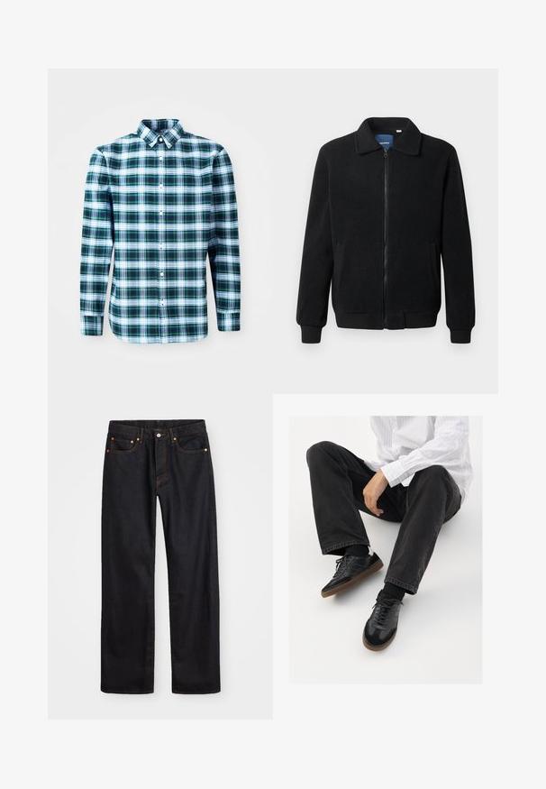 Veste en polaire noire avec fermeture éclair, col montant, poignets côtelés et poches latérales avec une surface texturée.; Chemise à manches longues à carreaux verts et blancs avec un col boutonné et des boutons à l'avant. Fabriquée en tissu léger, présentant un design structuré.; Jean en denim noir pour hommes, coupe droite, avec cinq poches et surpiqûres orange, fermeture par bouton et zip à la taille avant.; Sneakers noirs avec un dessus lisse et texturé, dotés d'une semelle en caoutchouc et de lacets sombres. Associés à un jean noir et une chemise blanche à rayures.