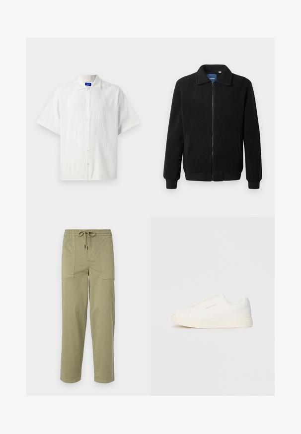 Černá fleecová bunda s zipovým uzávěrem, stojáčkem, vroubkovanými manžetami a bočními kapsami s texturovaným povrchem.; Kratší rukáv, bílá košile na knoflíky, vyrobená z lehké látky, která má klasický límec a jemnou strukturu. Knoflíky jsou rovnoměrně umístěny.; Pantalony světle olivové barvy vyrobené z bavlněné směsi, s elastickým pasem na šnůrku a dvěma velkými bočními kapsami.; Bílé slip-on tenisky s texturovaným povrchem, silnou podešví a minimalistickým designem. Na boku je umístěno logo značky.