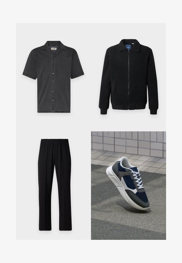 Melnā vilnas jaka ar rāvējslēdzēju, stāvošu apkakli, ribotām piedurknēm un sānu kabatām ar teksturētu virsmu.; Denim Project LOOSE FIT SHORT SLEEVE DENIM - Krekls - gray wash; Melni elastīgi bikses ar taisnas kājas dizainu, ar gludu tekstūru un bez redzamām zīmēm vai detaļām.; Sporta apavi ar tumši zilas krāsas tīkla augšdaļu, pelēku zamšādas akcentiem, baltu gumijas zoli un plakaniem baltiem šņorēm, kas izstrādāti komfortam un elpojamībai.