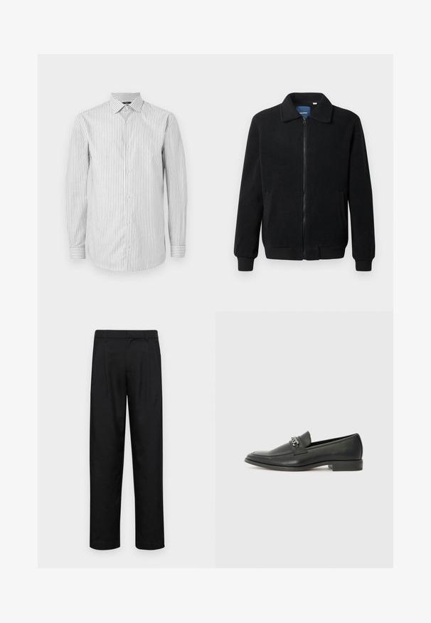 Črna flis jakna z zadrgo, stoječim ovratnikom, rebrastimi zapestji in stranskimi žepi s teksturirano površino.; Prugasta dolga majica s kratkimi rokavi v beli in svetlo sivi barvi, z ovratnikom in gumbom na zapiranju, s kontrastnimi prugastimi manšetami in gladko teksturo.; Črne hlače iz gladkega materiala, s krojem ravne noge, dvema sprednjima pregiboma in standardnim pasom z zankami za pas.; Črni usnjeni loafer z gladko površino, ki ima šivano zasnovo in dekorativni kovinski verižni naglas preko vampirja. Ravno peto.