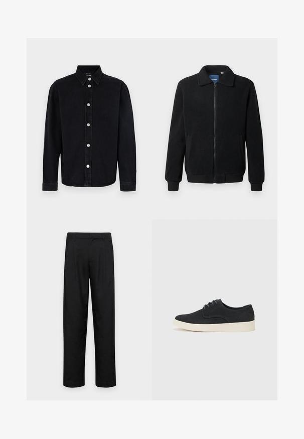 Fekete bolyhos dzseki cipzárral, állógallérral, bordázott mandzsettákkal és oldalzsebekkel, textúrált felülettel.; Fekete farmering hosszú ujjú, gombos gallérral és ezüstszínű kiegészítőkkel. Egyenes szabású és sima textúrával rendelkezik.; Fekete nadrág sima anyagból, egyenes szárú fazonnal, két elülső redővel és közönséges derékkal, övhurkokkal.; Fekete velúr fűzős cipő lekerekített orral, könnyű krém színű talppal és finom kék varrásokkal a felsőrészen.