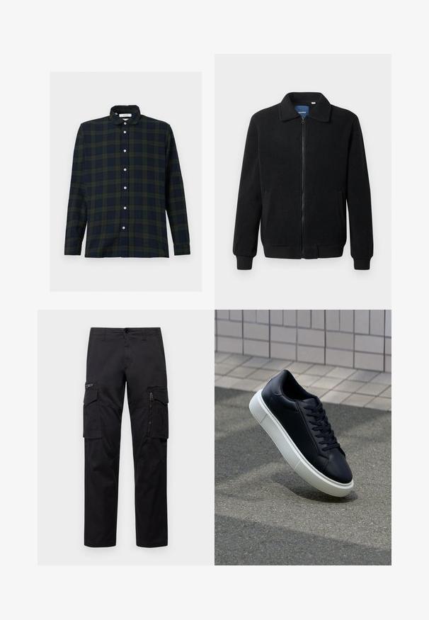 Juodas fliso džemperis su užtrauktuku, stovinčia apykakle, gumuotais rankogaliais ir šoninėmis kišenėmis, turinčiomis tekstūruotą paviršių.; Tamsiai žalia ir tamsiai mėlyna languota ilgomis rankovėmis marška, pagaminta iš medvilnės, su mygtukų apykakle ir priekiniais mygtukais.; Juodos krovinių kelnės, turinčios kelis kišenes, užtrauktuku uždaromą kišenę ant šlaunies, tiesaus kirpimo ir tvirtos medvilnės audinys su nežymiu blizgesiu.; Juodas odinis sportbačius su apvaliu pirštu ir baltu gumuotu padu. Turi plokščias raišteles ir minimalų siuvimą viršuje. Padangos tekstūra užtikrina sukibimą.