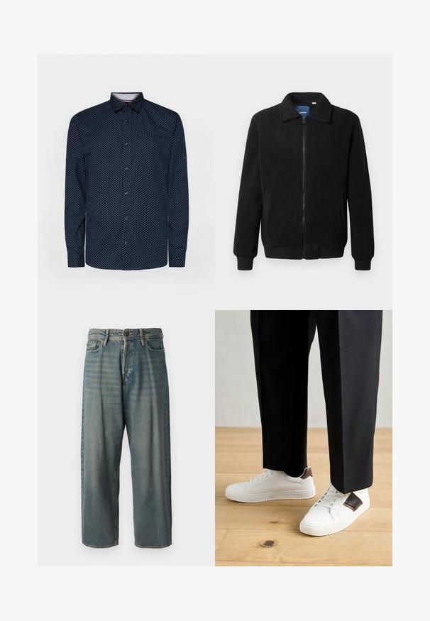 Juodas fliso džemperis su užtrauktuku, stovinčia apykakle, gumuotais rankogaliais ir šoninėmis kišenėmis, turinčiomis tekstūruotą paviršių.; Tamsiai mėlynas mygtukų susegimo marškinis su ilgomis rankovėmis, baltais taškeliais, apykakle ir krūtinės kišene; pagamintas iš lygaus audinio su šiek tiek blizgesio.; Šviesiai mėlyni džinsai su laisvu siluetu, vidutinio aukščio juosmeniu ir tiesiomis kojomis. Su penkiais kišenėmis, diržo kilpo ir mygtukų uždarymu.; Balti sportbačiai su glotnia danga, puošti rudais odiniais akcentais ir juodais detalėmis, derinami su juodais pritaikytais kelnėmis. Medinių grindų fonas.