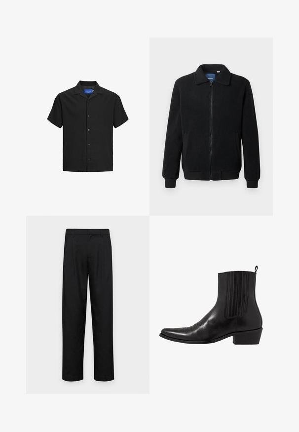 Schwarze Fleecejacke mit Reißverschluss, Stehkragen, gerippten Bündchen und seitlichen Taschen mit strukturiertem Oberflächenmaterial.; Schwarzes Kurzarmhemd mit Kragen, aus strukturiertem Stoff, mit einer Knopfleiste vorne und geradem Saum. Logostickerei im Nacken.; Schwarze Hose aus glattem Stoff, mit geradem Bein Design, zwei vorderen Falten und einem Standardbund mit Gürtelschlaufen.; Schwarze Leder- ankle boot mit spitzem Zehenbereich, elastischen Seitenpaneelen, vertikalen Steppnähten und einem niedrigen Blockabsatz.