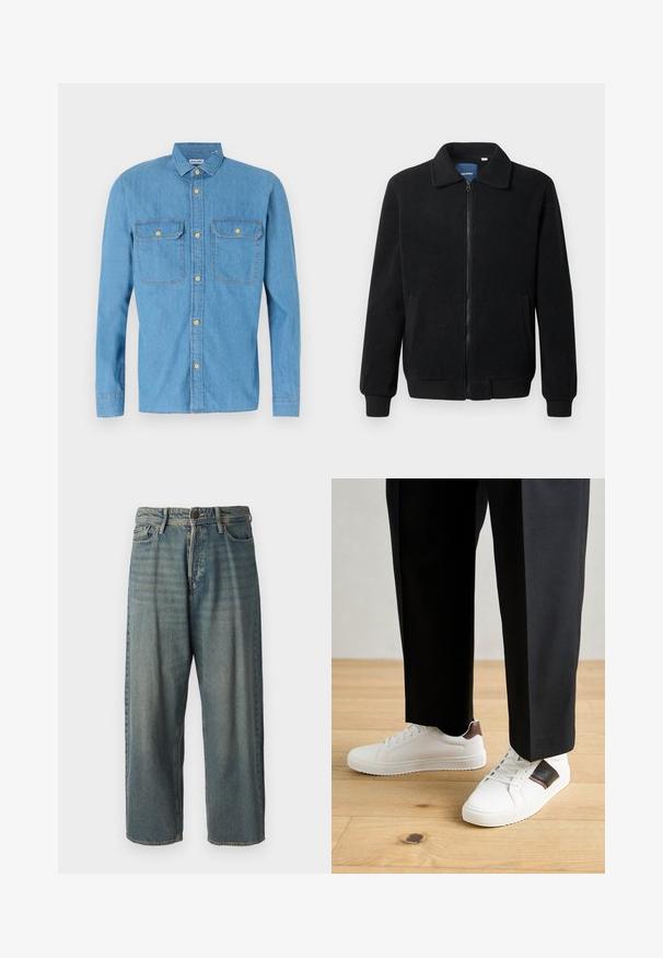 Svart fleece jakke med glidelås, høy krage, ribbestrikkede mansjetter og sidelommer med strukturert overflate.; Lyseblå denimskjorte med lange ermer, knappestolpe foran, to brystlommer, spiss krage og gullknapper. Glatt tekstur, uformell design.; Lyseblå denimjeans med løs passform, midjehøyde og rette ben. Har fem lommer, beltehemper og knappelukking.; Hvite sneakers med glatt tekstur, med brune skinnakenter og svart detaljer, parret med svarte skreddersydde bukser. Bakgrunn med tregulv.