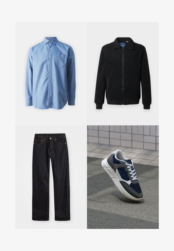 Crni flis jakna s zatvaranjem na zip, stojećim ovratnikom, rebrastim manžetama i bočnim džepovima s teksturiranom površinom.; Dugog rukava, svijetloplava košulja na dugme od pamuka s džepom na prsima i izvezenim logom, s klasičnom kragnom i zakrivljenim rubom.; Muške traperice ravnog kroja, crne boje, s pet džepova i narančastim šavovima, sa zatvaranjem na dugme i patentni zatvarač na prednjem dijelu struka.; Tenisice s gornjim dijelom od mrežastog materijala tamnoplave boje, siva antilopova naglašavanja, bijela gumena potplat i ravne bijele vezice, dizajnirane za udobnost i prozračnost.