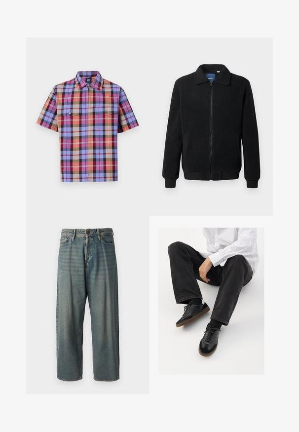 Musternahk fleece-jakk musternahaga, tõmblukk, seisev kaelus, soonikkoes varrukad ja küljetaskud tekstuurse pinnaga.; Lühikeste varrukatega ruuduline särk, millel on mitmed värvid, sealhulgas sinine, punane ja pruun, kahe rinnatasku ja sirge kraega.; Heledad sinine denim-stiilis teksad, volüümse lõike, keskmise kõrgusega talje ja sirgete säärega. Omab viit taskut, vöökumme ja nööpide sulgemist.; Mustad spordijalatsid siledast ja tekstuurilisest ülemisest osast, millel on kummist tald ja tumedad nöörid. Kombineeritud mustade teksade ja valge triibulise särgiga.