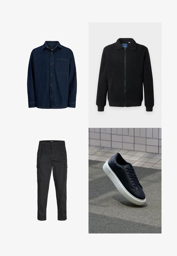 Svart fleece jakke med glidelås, høy krage, ribbestrikkede mansjetter og sidelommer med strukturert overflate.; Mørk denim skjorte med knapper og lange ermer, en spiss krage og brystlomme. Har brune knapper og gule stikninger som detaljer.; Sorte cargo bukser laget av slitesterkt stoff, med flere lommer, knappelukking og en slim fit-design med avsmalnede ben.; Sorte skinnsneakers med rund tå og hvit gummisåle. Har flate lisser og minimal søm på overdelen. Strukturert såle for grep.