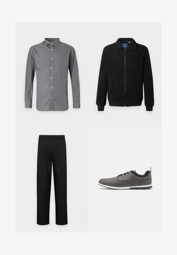 Juodas fliso džemperis su užtrauktuku, stovinčia apykakle, gumuotais rankogaliais ir šoninėmis kišenėmis, turinčiomis tekstūruotą paviršių.; Pilkas ilgomis rankovėmis marškinis, pagamintas iš medvilnės mišinio, su klasikiniu apykaklė, mygtukų priekyje ir blizgiais baltais mygtukais palei perlų. ; Juodi kelnių modeliai, pagaminti iš lygios medžiagos, turi tiesią kojas, du priekiniai klostės ir standartinę juosmenį su diržo kilpomis.; Pilki odiniai batai su juodais akcentais, suapvalintu pirštu, su raišteliais, balta padu ir mažu kilpeliu kulne.