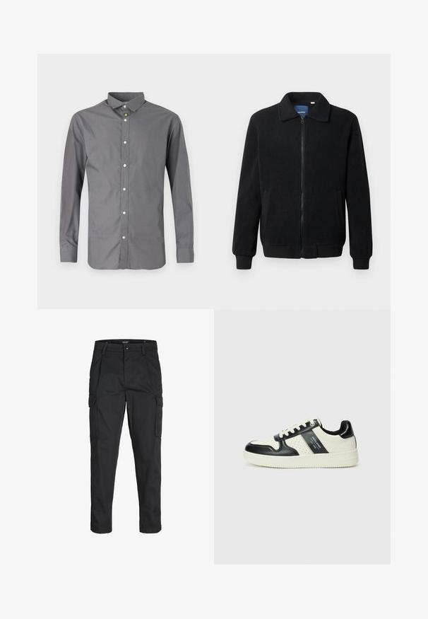 Černá fleecová bunda s zipovým uzávěrem, stojáčkem, vroubkovanými manžetami a bočními kapsami s texturovaným povrchem.; Šedá dlouhá košile s dlouhým rukávem vyrobená ze směsi bavlny, s klasickým límcem, zapínáním na knoflíky a lesklými bílými knoflíky podél předního zapínání.; Černé cargo kalhoty vyrobené z odolné tkaniny, s mnoha kapsami, knoflíkovým zapínáním a slim fit střihem se zúženými nohavicemi.; Kožené tenisky s černobílou barevnou kombinací, které mají perforované detaily, polstrovaný límec a texturovanou podrážku.