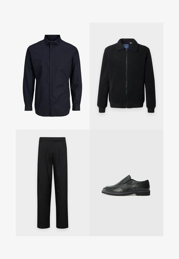 Črna flis jakna z zadrgo, stoječim ovratnikom, rebrastimi zapestji in stranskimi žepi s teksturirano površino.; Mornarsko modra srajca s dolgimi rokavi, standardnim ovratnikom, sprednjim zapiranjem, gladko teksturo in manšetami z enim gumbom.; Črne hlače iz gladkega materiala, s krojem ravne noge, dvema sprednjima pregiboma in standardnim pasom z zankami za pas.; Črne usnjene natikače z gladkim zgornjim delom, prišitimi detajli, zaobljenim nosom in nizkim gumijastim petkom. Podplat ima minimalen profil.