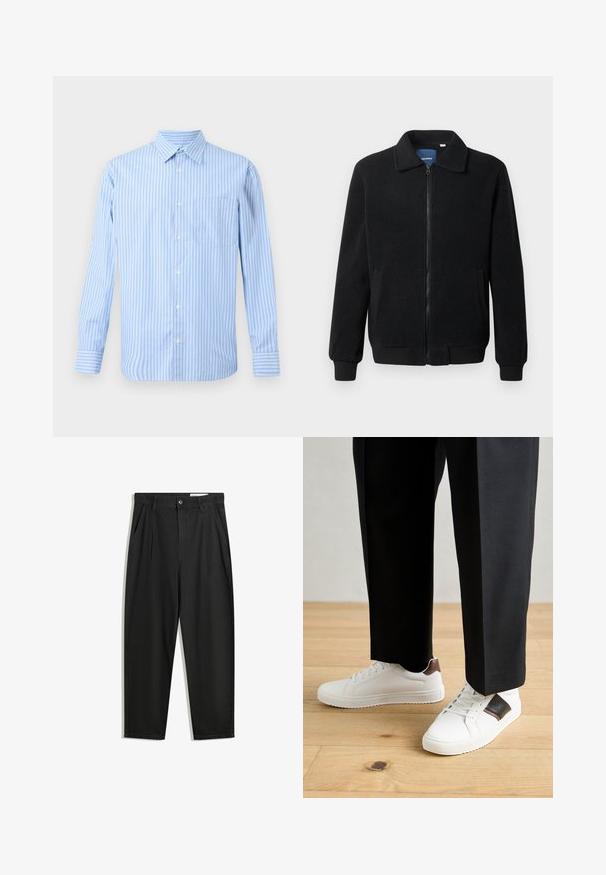 Čierna flísová bunda s uzáverom na zips, stojatým golierom, rebrovanými manžetami a bočnými vreckami s textúrovaným povrchom.; Svetlomodrá a biela pruhovaná košeľa s dlhým rukávom a gombíkmi, s jednou náprsníkovou vreckom. Jednoduchý, klasický dizajn na neutrálnom pozadí.; Čierne bavlnené nohavice s voľným strihom, s klasickým pásom, prednými záhybmi a bočnými vreckami. Hladká textúra bez vzorov.; Biele tenisky s hladkým povrchom, s hnedými koženými akcentmi a čiernymi detailmi, spárované s čiernymi elegantnými nohavicami. Pozadím je drevená podlaha.
