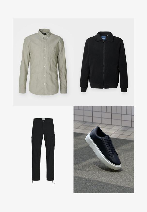 Juodas fliso džemperis su užtrauktuku, stovinčia apykakle, gumuotais rankogaliais ir šoninėmis kišenėmis, turinčiomis tekstūruotą paviršių.; Šviesiai žalia, ilgarankovė marškinėlių su sagomis, pagaminta iš medvilnės. Turi apykaklę, priekinę kišenę ir sagų uždarymą. Lygus paviršius.; Juodos krovinių kelnės su tiesiu kirpimu, turinčios šonines kišenes, sagų užsegimą ir elastingas raišteles kulkšnose. Pagamintos iš tvirto audinio.; Juodas odinis sportbačius su apvaliu pirštu ir baltu gumuotu padu. Turi plokščias raišteles ir minimalų siuvimą viršuje. Padangos tekstūra užtikrina sukibimą.