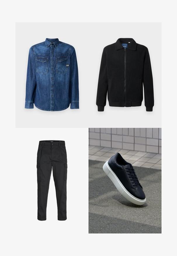 Svart fleece jakke med glidelås, høy krage, ribbestrikkede mansjetter og sidelommer med strukturert overflate.; Denimskjorte, mørkeblå, langermet, knapping foran, to brystlommer med klaff, merkelapp nederst til venstre, vanlig krage.; Sorte cargo bukser laget av slitesterkt stoff, med flere lommer, knappelukking og en slim fit-design med avsmalnede ben.; Sorte skinnsneakers med rund tå og hvit gummisåle. Har flate lisser og minimal søm på overdelen. Strukturert såle for grep.