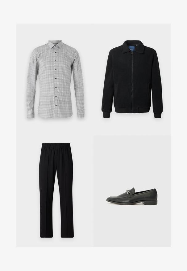 Giacca in pile nera con chiusura zip, colletto alto, polsini a coste e tasche laterali con superficie strutturata.; Camicia a maniche lunghe bianca e nera con motivo geometrico, abbottonatura frontale e colletto classico. Tessuto leggero con superficie liscia.; Pantaloni neri con vita elasticizzata e design a gamba dritta, caratterizzati da una texture liscia e senza motivi o hardware visibili.; Mocassino in pelle nera con finitura liscia, caratterizzato da un design cucito e da un accento decorativo in catena metallica sul vamp. Tacco piatto.