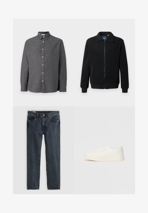 Črna flis jakna z zadrgo, stoječim ovratnikom, rebrastimi zapestji in stranskimi žepi s teksturirano površino.; Siv srajc s kratkimi rokavi z teksturirano tkanino, ovratnikom, dolgimi rokavi in bež gumbi spredaj. Ravna obroba na dnu.; Temno modri kavbojki z ravnim krojem, petimi žepi in zaklepanjem na gumb. Tkanina ima subtilno bledenje in teksturo.; Bele zapete brez vezalk z teksturirano površino, debelim podplatom in minimalističnim dizajnom. Na strani se nahaja logotip blagovne znamke.