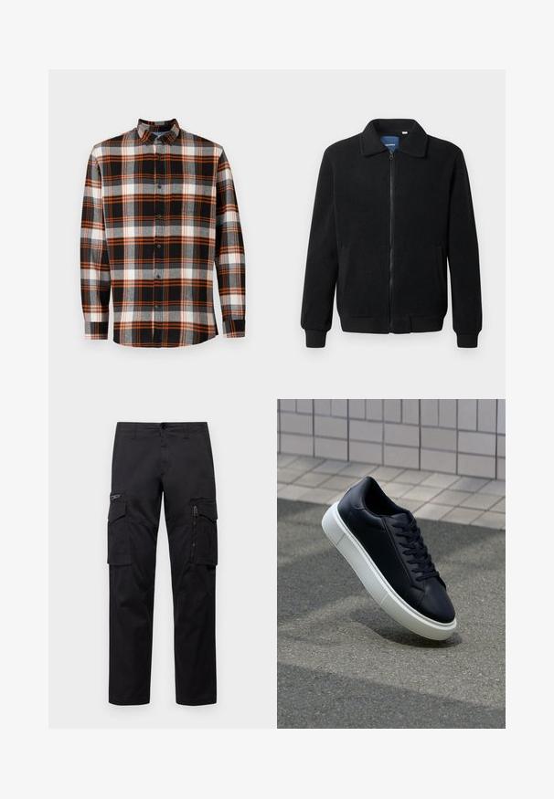 Giacca in pile nera con chiusura zip, colletto alto, polsini a coste e tasche laterali con superficie strutturata.; Camicia a quadri nera e grigia con dettagli arancioni, maniche lunghe e colletto button-down. Presenta una tasca sul petto e una texture del tessuto.; Pantaloni cargo neri con multiple tasche, tasca con zip sulla coscia, vestibilità dritta e in resistente cotone con un leggero lucido.; Sneaker in pelle nera con punta arrotondata e suola in gomma bianca. Presenta lacci piatti e cuciture minime sulla parte superiore. Suola testurizzata per una migliore aderenza.