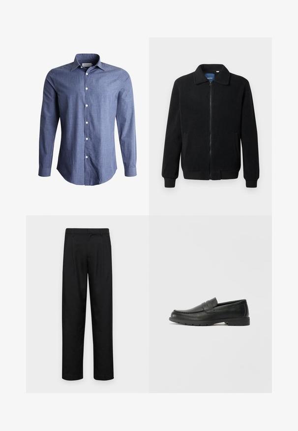 Giacca in pile nera con chiusura zip, colletto alto, polsini a coste e tasche laterali con superficie strutturata.; Camicia a maniche lunghe blu realizzata in tessuto leggero, con colletto classico, chiusura frontale con bottoni e bottoni bianchi. Texture liscia, design versatile.; Pantaloni neri realizzati in tessuto liscio, caratterizzati da un taglio dritto, due pieghe frontali e una vita standard con passanti per la cintura.; Mocassini neri in pelle con una finitura liscia, parte superiore in stile mocassino, dettagli cuciti e suola in gomma. Design classico con tacco basso.