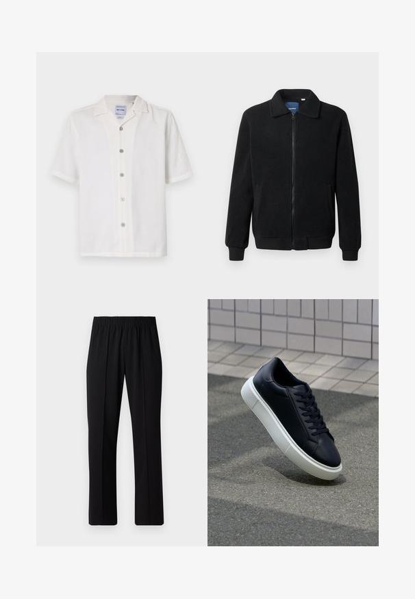 Musternahk fleece-jakk musternahaga, tõmblukk, seisev kaelus, soonikkoes varrukad ja küljetaskud tekstuurse pinnaga.; Valge lühikeste varrukatega särk tekstuuriga kangast, klapiga krae ja kuue esiplaanil oleva nupuga. Omab puhtat ja lihtsat disaini.; Mustad, elastse puusärgid sirge säärega, mis on sileda tekstuuriga ja ilma nähtavate mustrite või riistadega.; Mustast nahast tennisetoss, millel on ümar nina ja valge kummist tall. Omab siredaid paelu ja minimaalset õmblemist ülemises osas. Tekstuuriga tald, mis tagab haakuvuse.