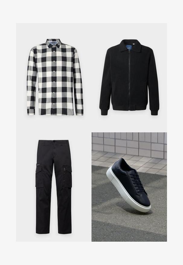 Crni flis jakna s zatvaranjem na zip, stojećim ovratnikom, rebrastim manžetama i bočnim džepovima s teksturiranom površinom.; Košulja dugih rukava u crno-bijelom kariranom uzorku, izrađena od tkanine glatke teksture. Ima ovratnik s dugmadi i prednje dugmadi.; Crne cargo hlače s više džepova, zatvorenim džepom na bedru, ravnog kroja i čvrstog pamuka s blagim sjajem.; Crne kožne tenisice s zaobljenim vrhom i bijelim gumiranim potplatom. Imaju ravne vezice i minimalno šivanje na gornjem dijelu. Teksturirani potplat za bolje prianjanje.