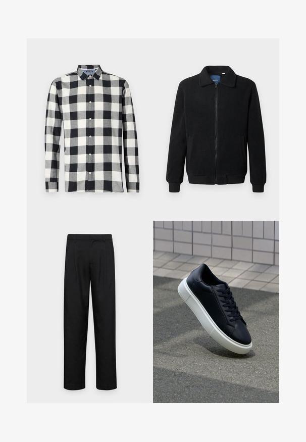 Jachetă din fleece neagră, cu închidere prin fermoar, guler înalt, manșete ribbate și buzunare laterale cu o suprafață texturată.; Cămașă cu mânecă lungă, în model carouri alb-negru, confecționată dintr-un material cu textură netedă. Are guler cu butoni și nasturi pe partea din față.; Pantaloni negri dintr-un material neted, cu un design drept, două pliuri frontale și un tiv standard cu bucle pentru curea.; Tenis cu piele neagră, cu vârful rotund și talpă din cauciuc alb. Are șireturi plate și cusături minime pe suprafață. Tălpile texturate oferă aderență.