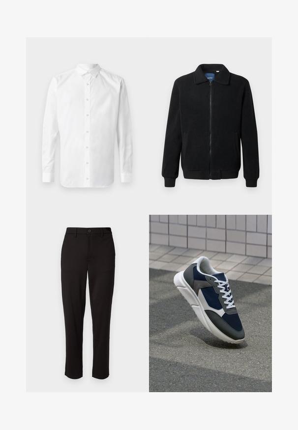 Schwarze Fleecejacke mit Reißverschluss, Stehkragen, gerippten Bündchen und seitlichen Taschen mit strukturiertem Oberflächenmaterial.; Weißes Langarm-Hemd mit klassischem Kragen, Knopfleiste und glatter Baumwolltextur.; Schwarze Hose aus leichtem Stoff, im geraden Schnitt, mit vorderem Knopfverschluss, Gürtelschlaufen und Seitentaschen.; Sneaker mit einem Obermaterial aus navyblauem Mesh, grauen Wildlederelementen, einer weißen Gummisohle und flachen weißen Schnürsenkeln, entworfen für Komfort und Atmungsaktivität.